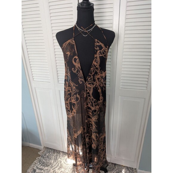 Kendall Kylie Maxi Dress/Swim Cover Womens S Brown Deep V Sheer Handkerchief NEW - Picture 1 of 15